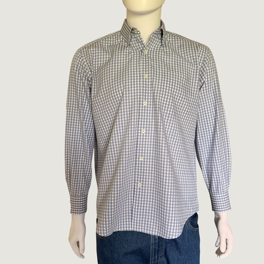 Bugatchi Uomo Mens Blue White Gingham Check Shaped Fit  Button Down Shirt M